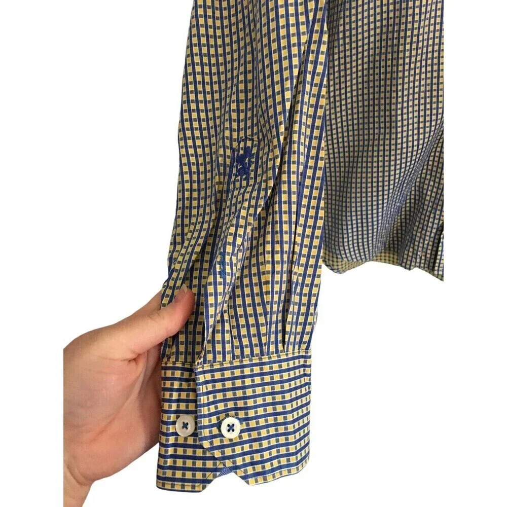 Bugatchi Vomo Dress Shirt Men's Size 15 34/25 Yellow Blue Long Sleeve